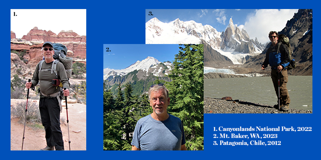 Doug Cox outdoor photos: 1) Canyonlands National Park, 2022 2) Mt. Baker, WA, 2023 3) Patagonia, Chile, 2012