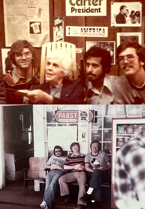 Top Photo: KU Pharm Chem students stop in Plains, GA on their way to an AAPS meeting in Orlando in 1976. It was a couple of weeks after Jimmy Carter was elected president, and they got to meet the president's mother Lillian (top picture) and take a break in front of Billie Carter's (the president's brother) gas station. (L-R) Brad Anderson (professor at Kentucky), Lillian Carter, Nemi Jain (top scientists at BMS Pharmaceuticals), and Doug Mendenhall. Bottom Photo: (L-R) Rod Pearlman, Brad Anderson and Doug Mendenhall at Billie Carter's gas station in Plains, GA, 1976.