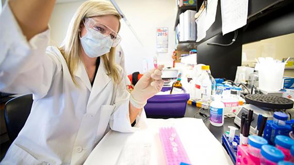Student working at laboratory bench.