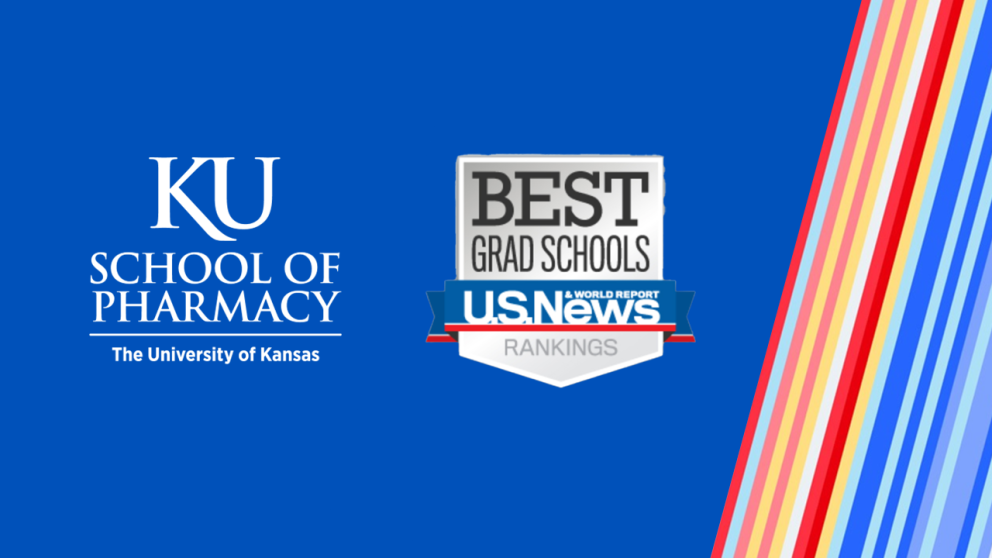 KU School of Pharmacy logo and U.S. News & World Report Best Grad School rankings logo.